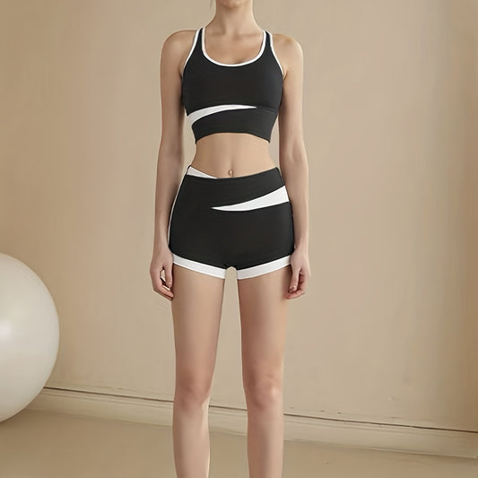 2pcs Yoga Workout Set Block Sports Bra & Shorts Women's Activewear