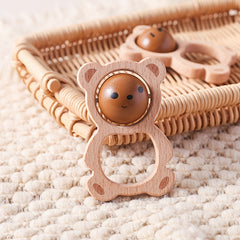 Wooden Bear Rattle for Babies Face Changing Cartoon Toy