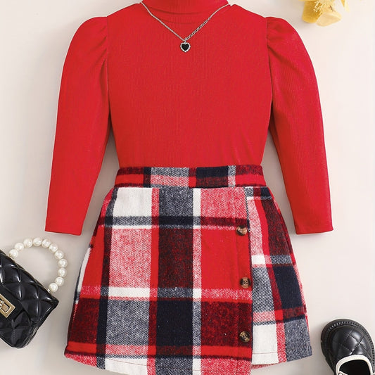 Girl's Ribbed Top & Skirt Set Plaid Print Outfits for Spring Autumn