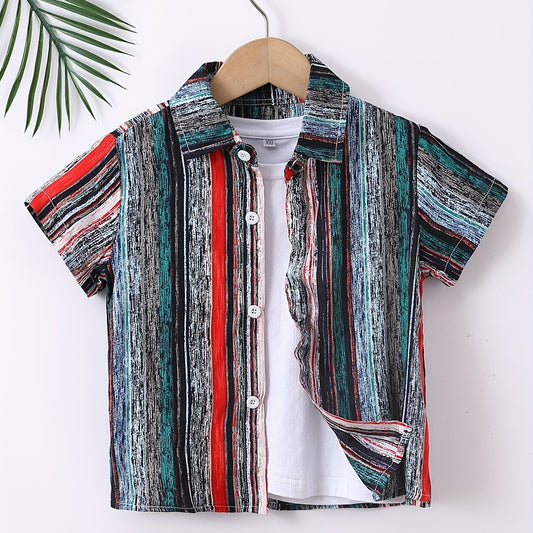 Block Print Boys Shirt Casual Short Sleeve Button Down Lapel Shirt Boys