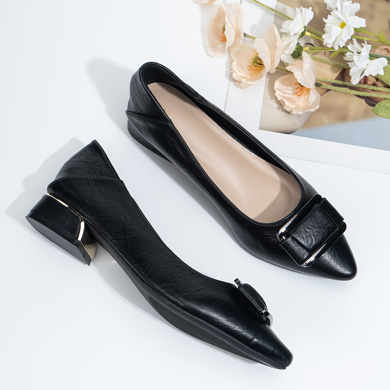 Metal Decor Chunky Low Heel Slip On Shoes Pointed Toe Lightweight Shoes