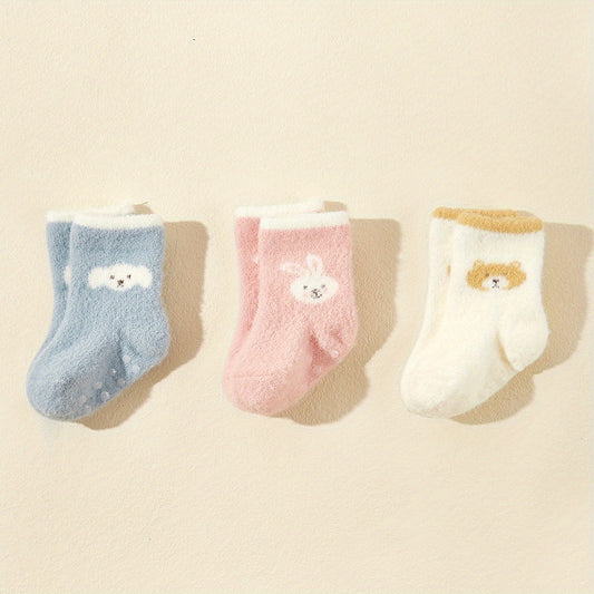 3pairs Baby Girls Cartoon Plush Non-slip Floor Socks for Autumn and Winter