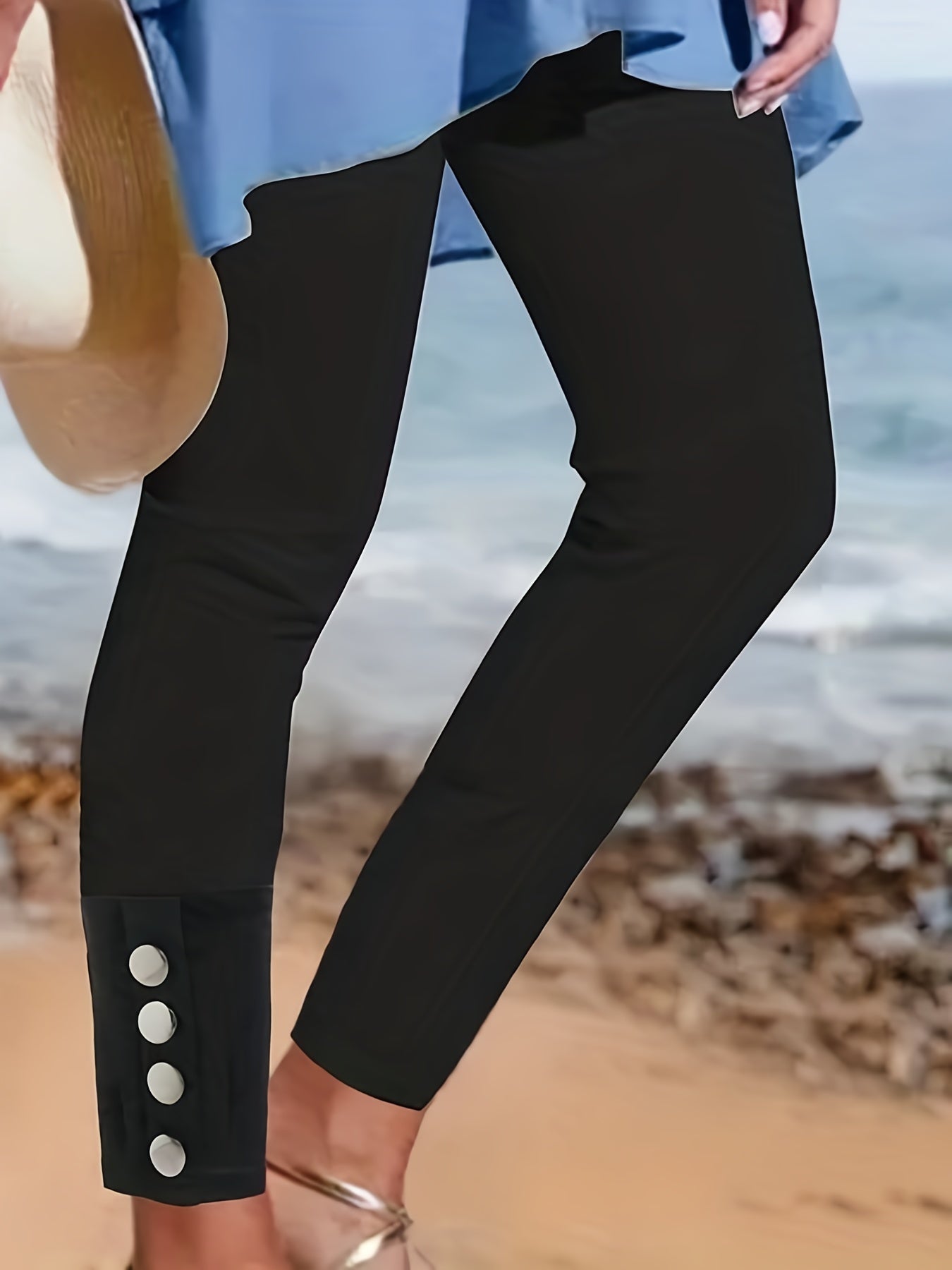 Solid Long Length Leggings with Buttons Women's Clothing