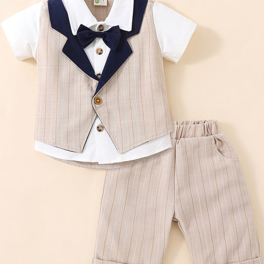 2pcs Baby Boys Striped Short Sleeve Bowtie Shirt & Shorts Gentleman Outfit