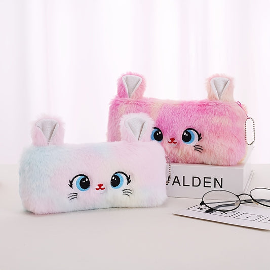 Plush Tie Dye Cat Zipper Pencil Bag Organizer Coin Purse Wallet