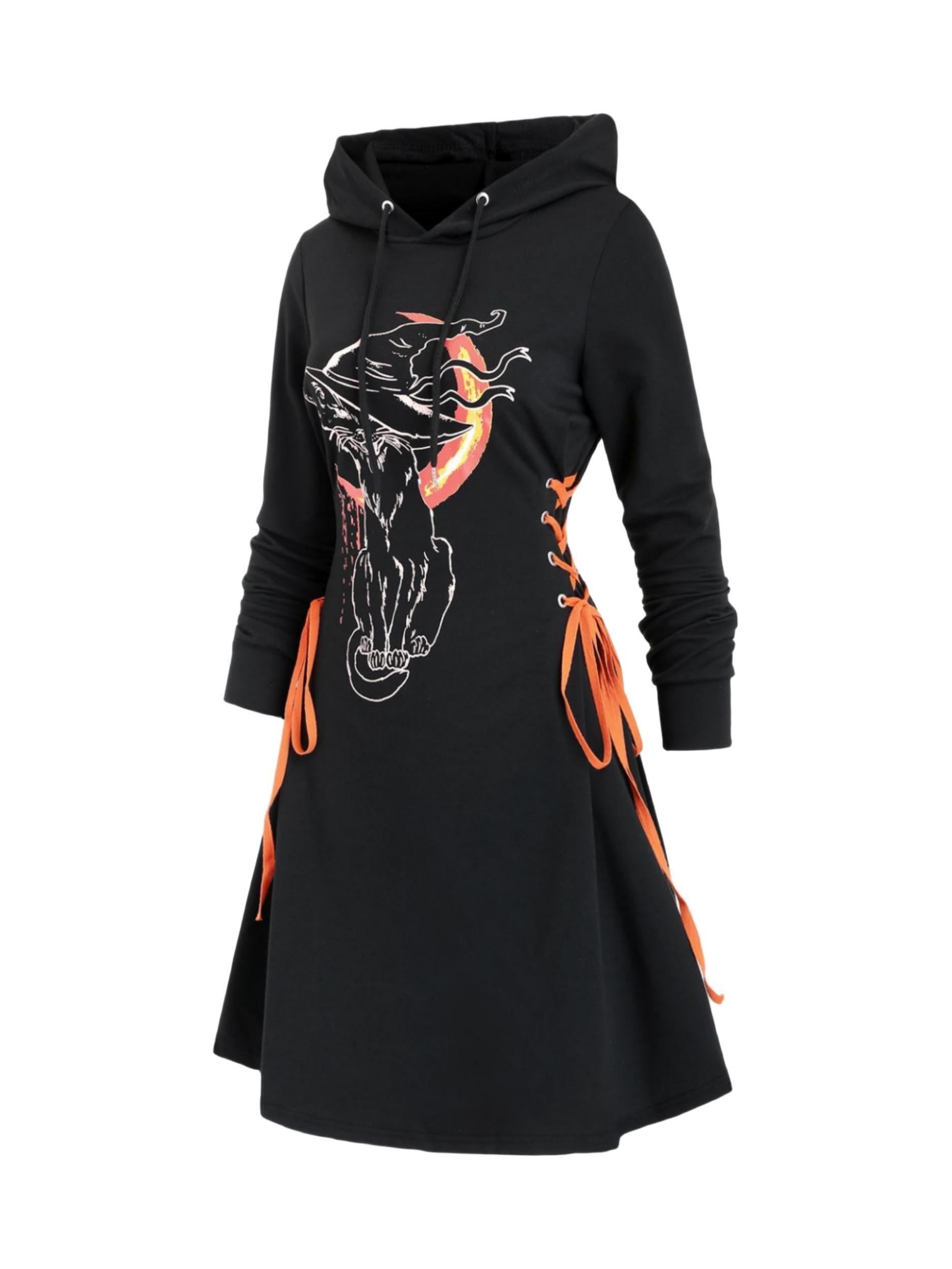  Goth Dress Women's Plus Witch Cat & Moon Print Lace Up Long Sleeve