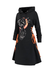  Goth Dress Women's Plus Witch Cat & Moon Print Lace Up Long Sleeve