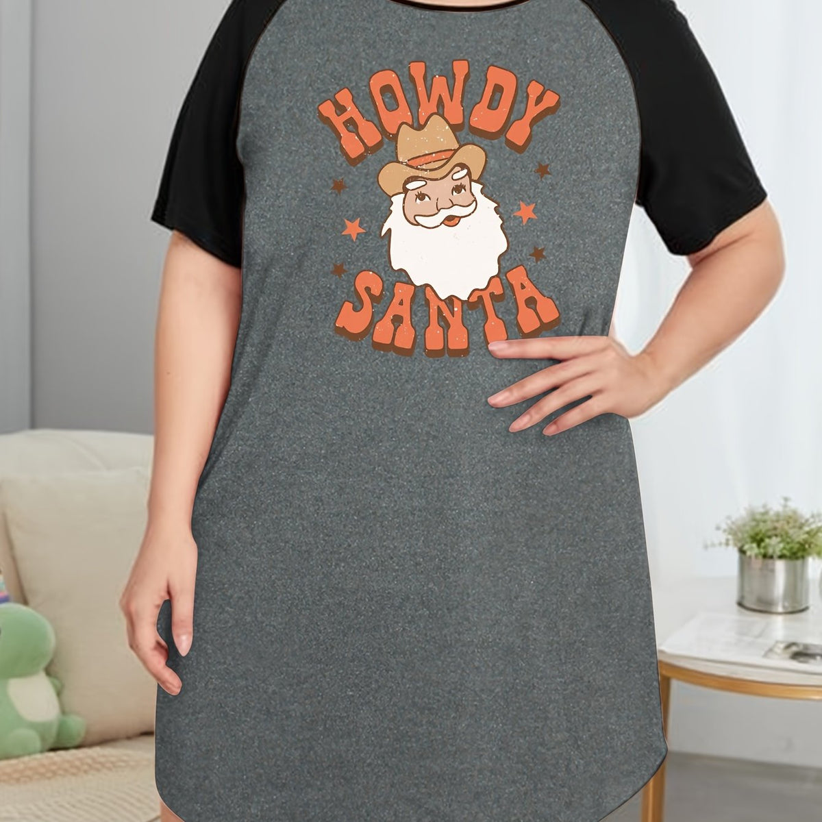  Santa Print Raglan Sleeve Tee
