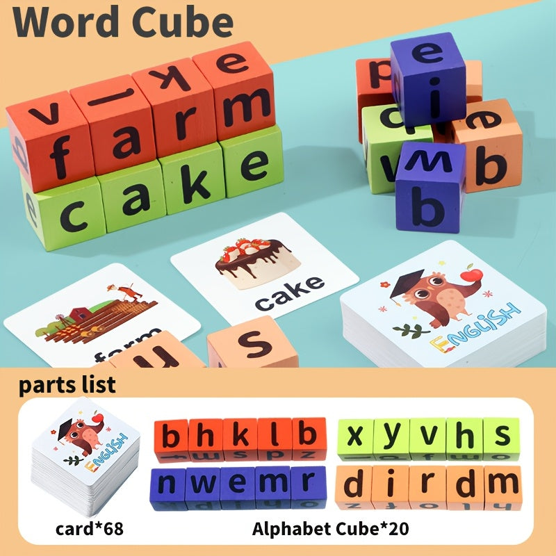 Word Race Cube Game Educational Toy with Wooden Blocks & Alphabet Cards
