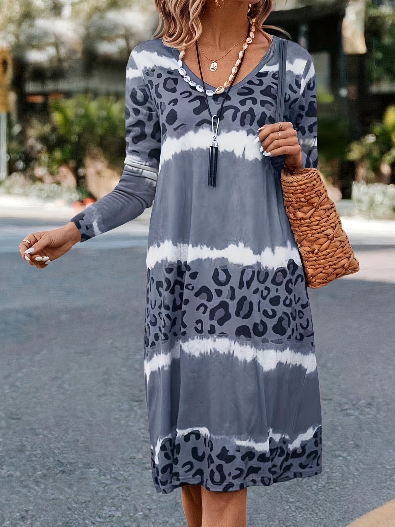 Plus Tie Dye & Leopard Print V-Neck Dress