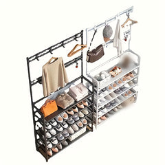Metal Entryway Shoe Rack with 4 Tier Shelves & Coat Hooks