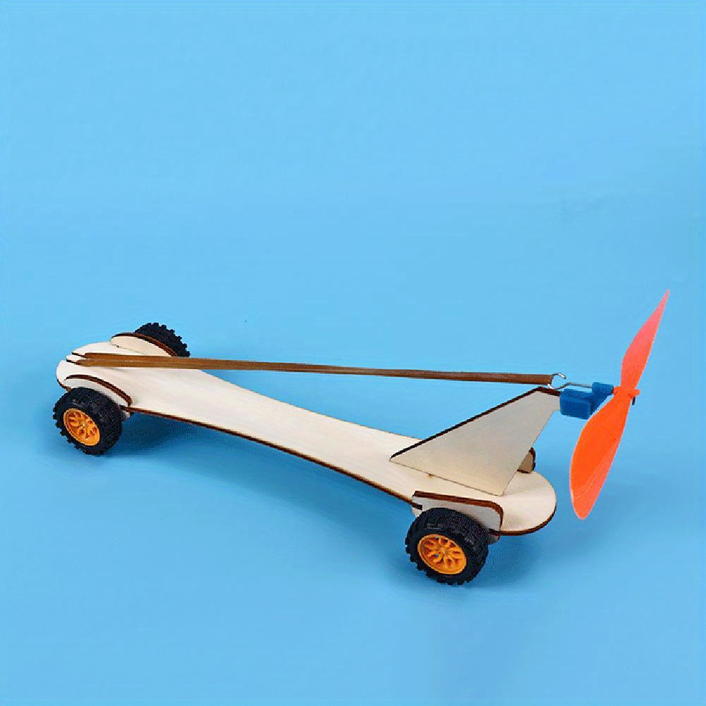 Rubber Band Power Car Kit Boys Fun Physics Toy Gift Yellow Orange Propeller