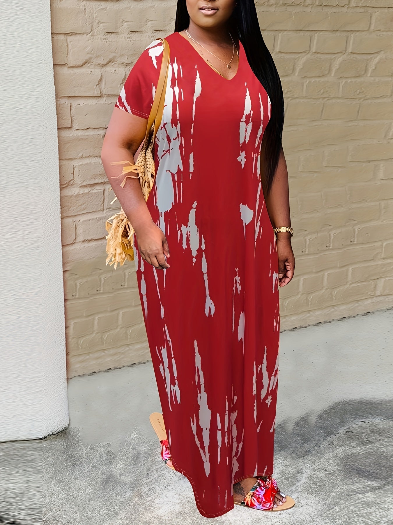  Tie Dye Maxi Dress Short Sleeve Round Neck High Stretch