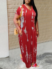  Tie Dye Maxi Dress Short Sleeve Round Neck High Stretch