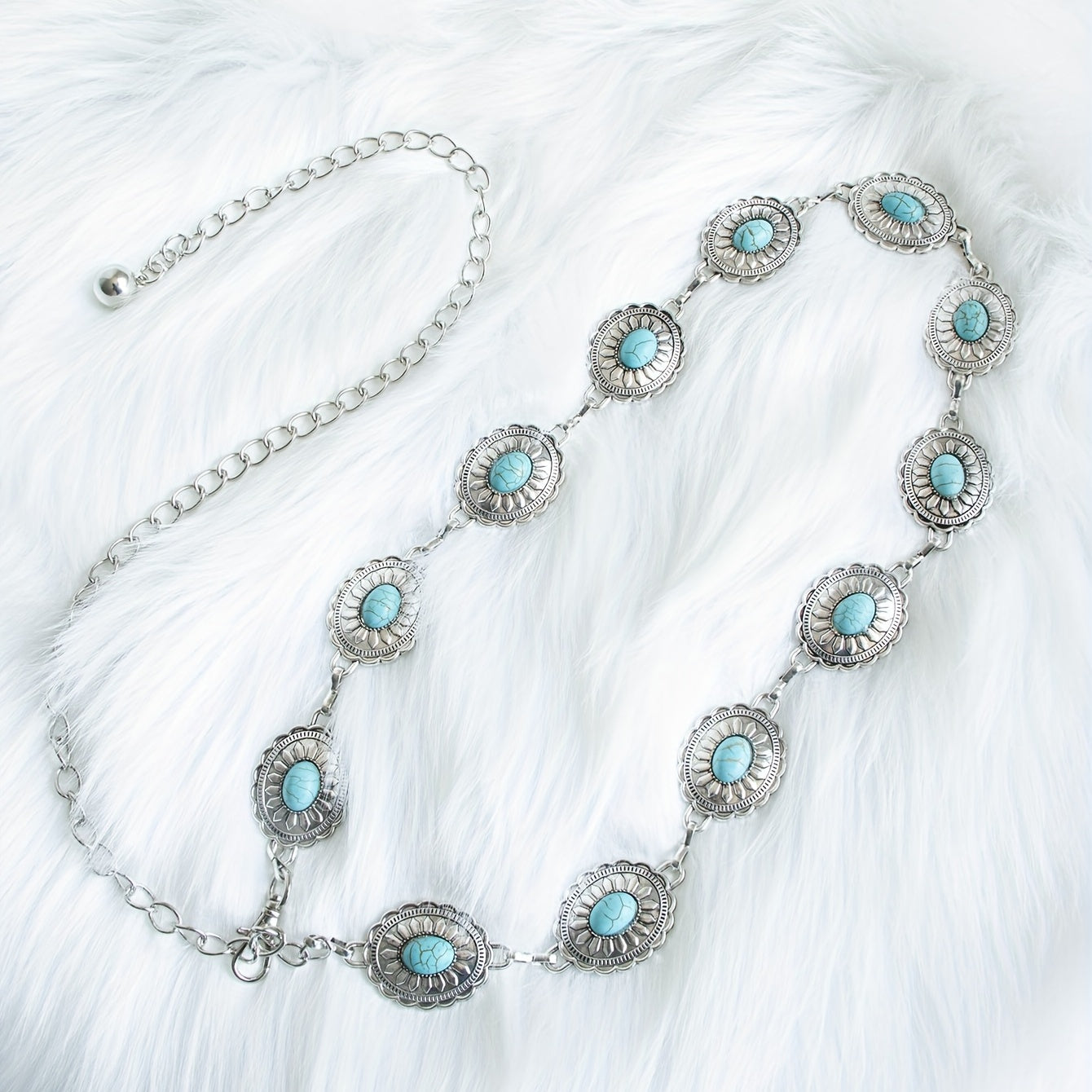 Turquoise Inlay Oval Chain Belt Silvery Geometric Flower Boho Waist Chain
