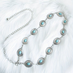 Turquoise Inlay Oval Chain Belt Silvery Geometric Flower Boho Waist Chain