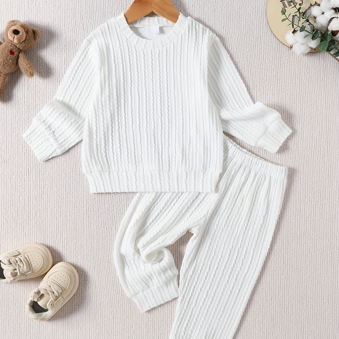 Toddler Girl's Knitted Jacquard 2pcs Outfit Set Solid Casual Clothes