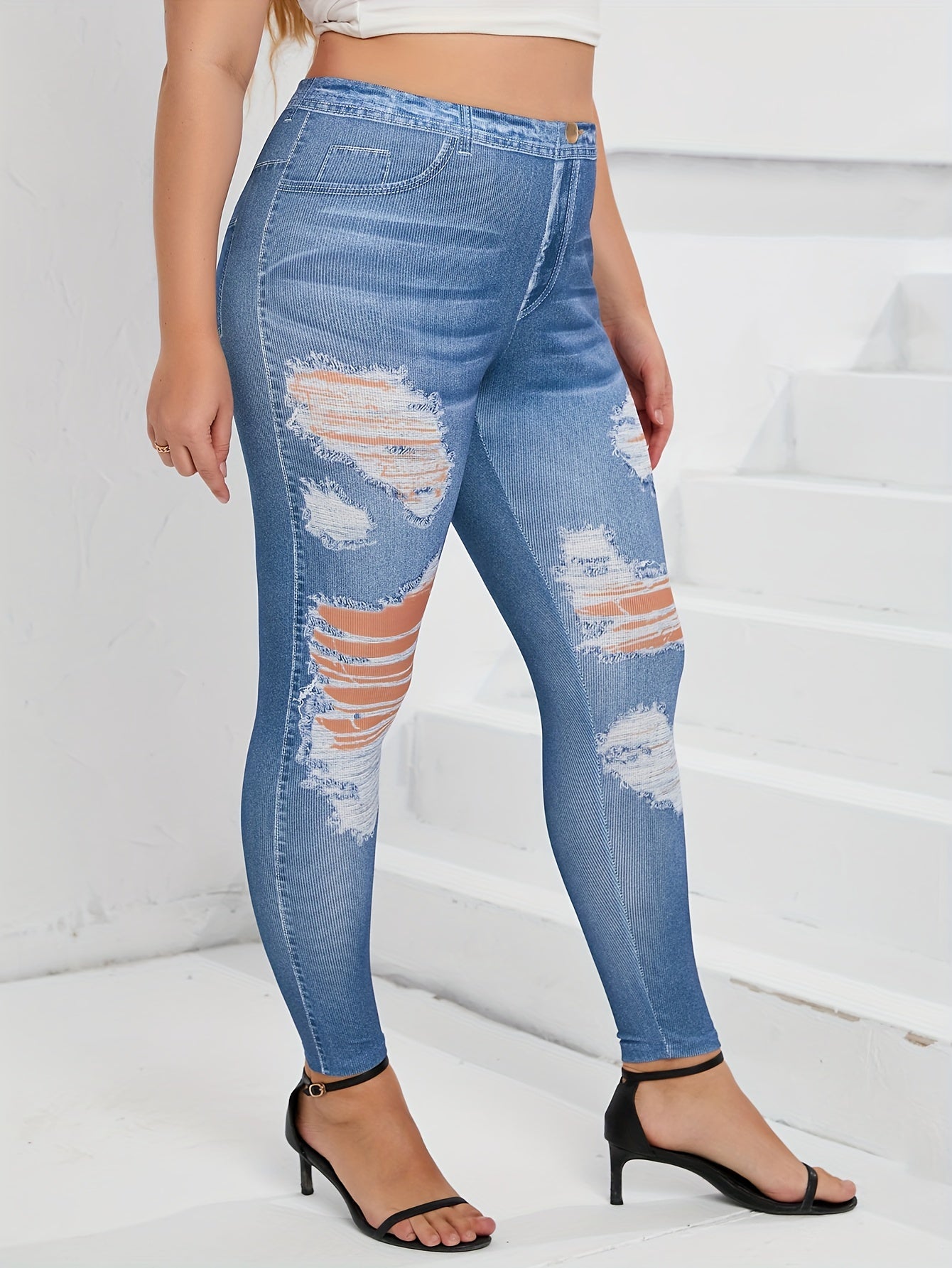  Ripped Denim Print High Rise Skinny Trousers
