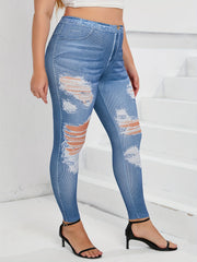  Ripped Denim Print High Rise Skinny Trousers