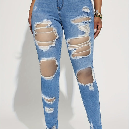High Waist Distressed Skinny Jeans Slash Pockets Tight Fit