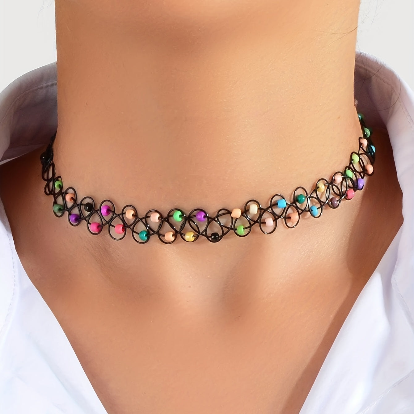 Colorful Rice Beads Elastic Necklace Choker Personality Neck Chain