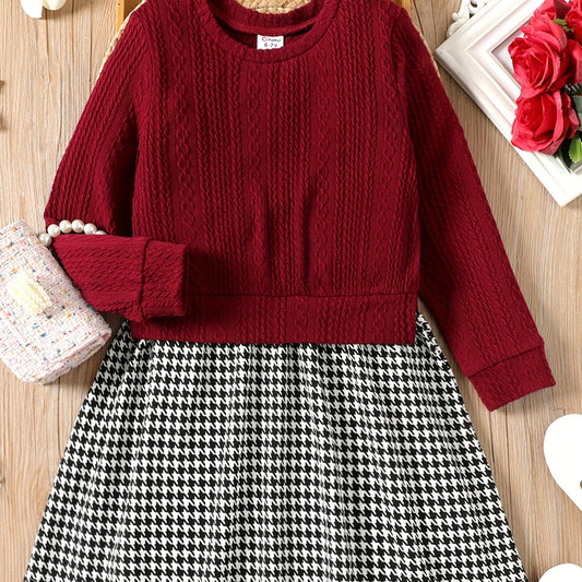 Kid Girl Cable Knit Houndstooth Long Sleeve Dress
