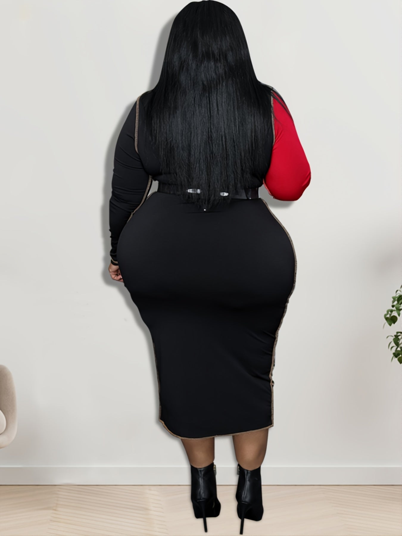 Colorblock Leopard Print Long Sleeve Cami Dress Plus Size Women's Dress