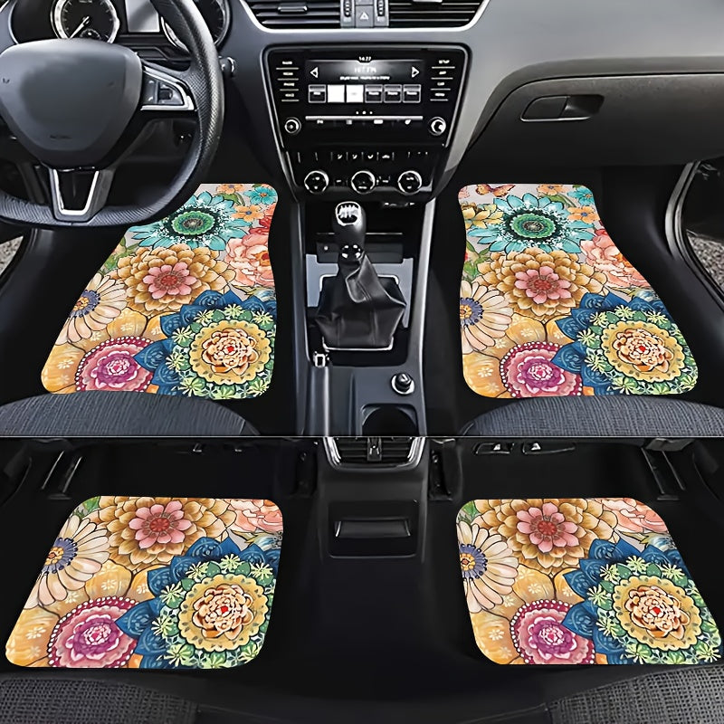 4pcs Colorful Floral Car Floor Mats Water Absorbent Non-slip Stain Resistant