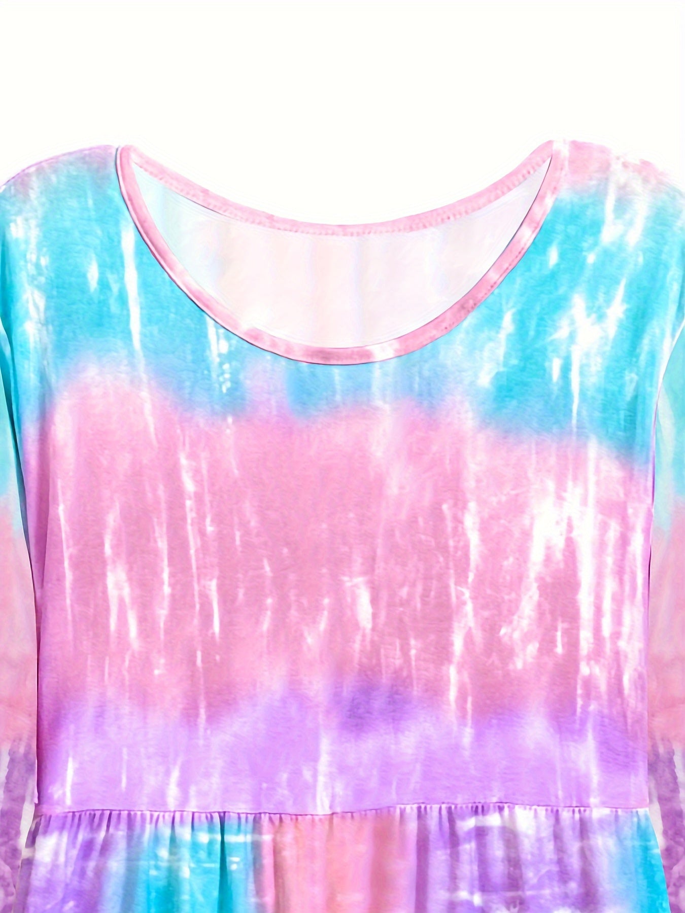 Women's Plus Tie Dye Long Sleeve Round Neck Ruffle Trim Smock Dress
