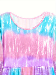Women's Plus Tie Dye Long Sleeve Round Neck Ruffle Trim Smock Dress