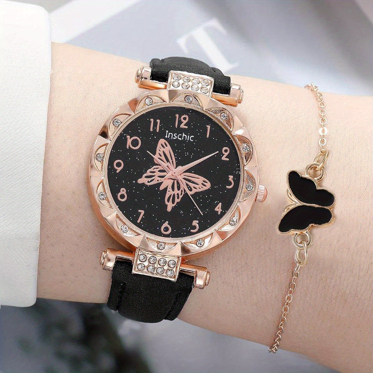 Rhinestone Butterfly Watch & Water Drop Jewelry Set