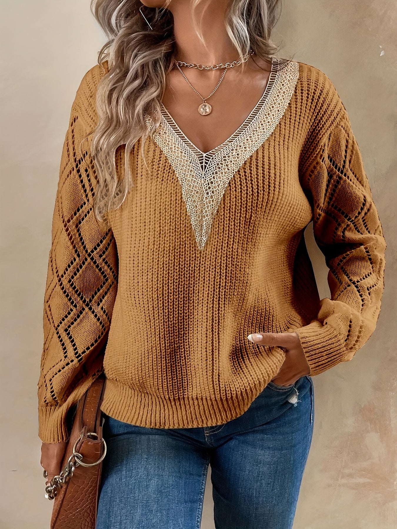 V Neck Guipure Lace Knit Sweater Long Sleeve Casual Top