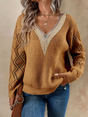 V Neck Guipure Lace Knit Sweater Long Sleeve Casual Top