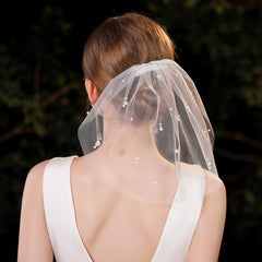Vintage Style Bridal Veil with Beaded Detail Mesh Overlay for Wedding Photos