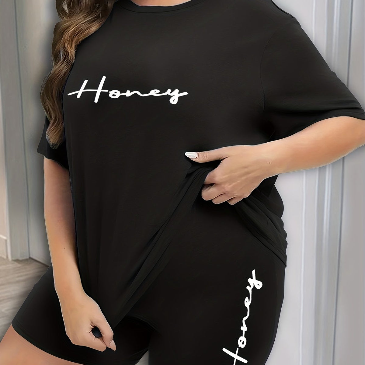  Letter Print Tee & Shorts Pajama Set