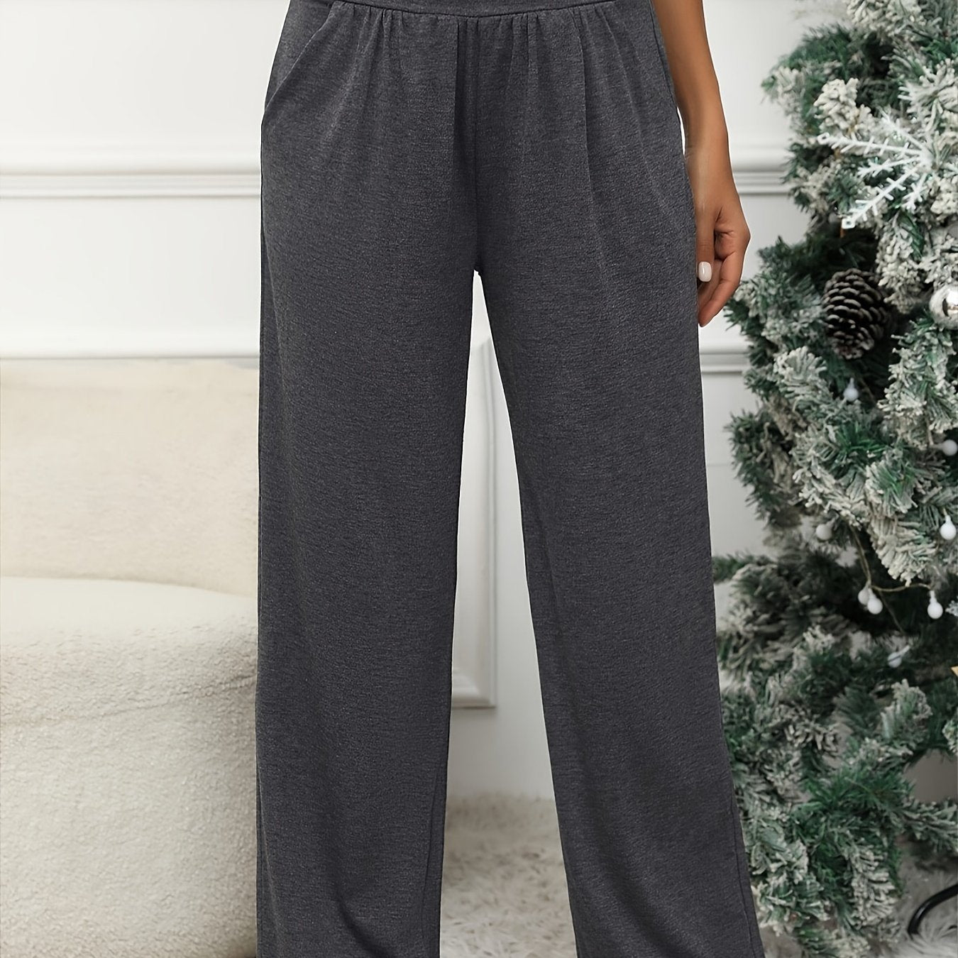  Solid Wideband Waist High Rise Wide Leg Trousers