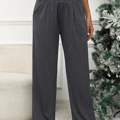  Solid Wideband Waist High Rise Wide Leg Trousers