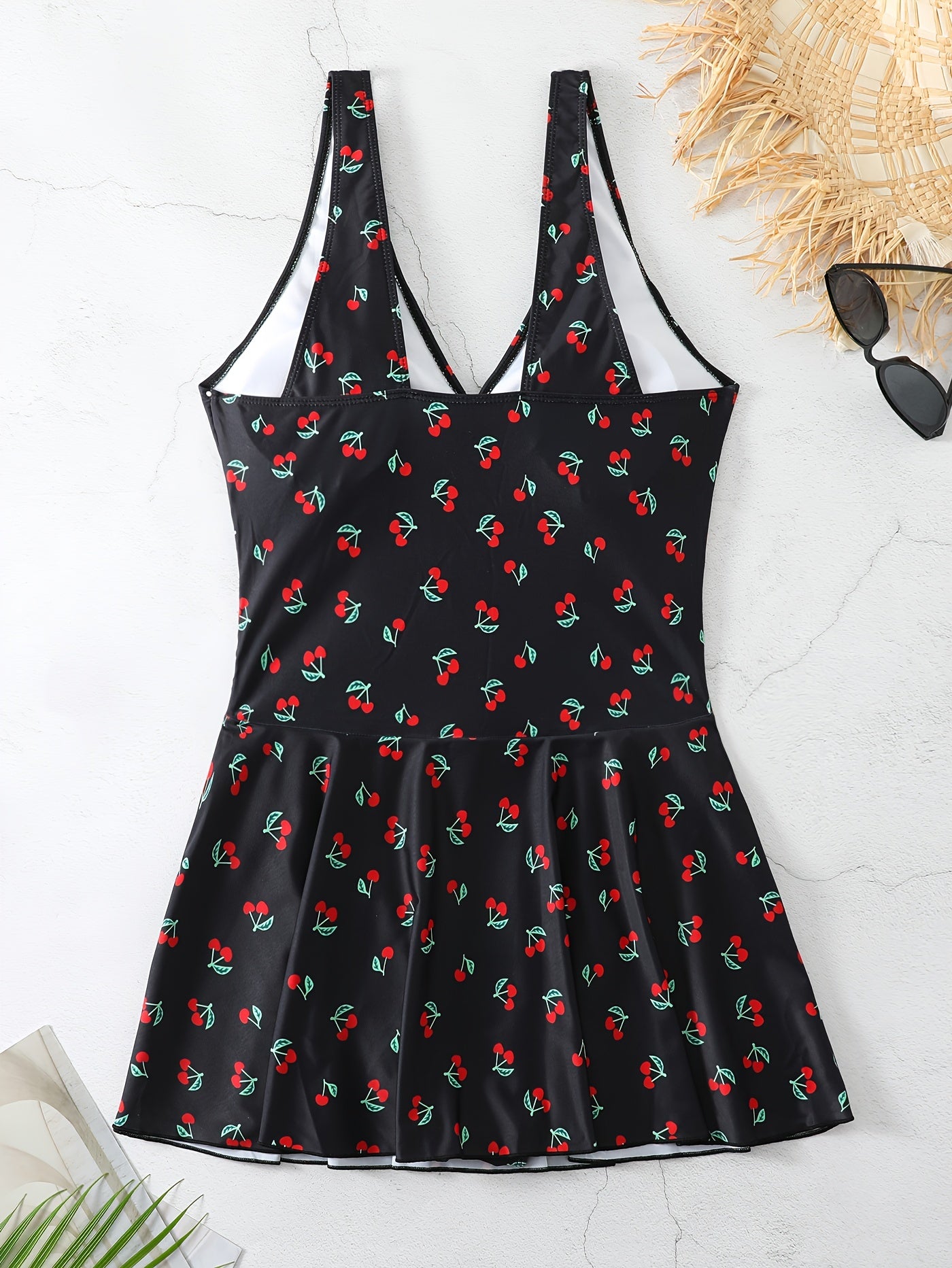  Swimsuit Women's Plus Cherry Print Ruched Tummy Control Skirted