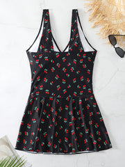  Swimsuit Women's Plus Cherry Print Ruched Tummy Control Skirted