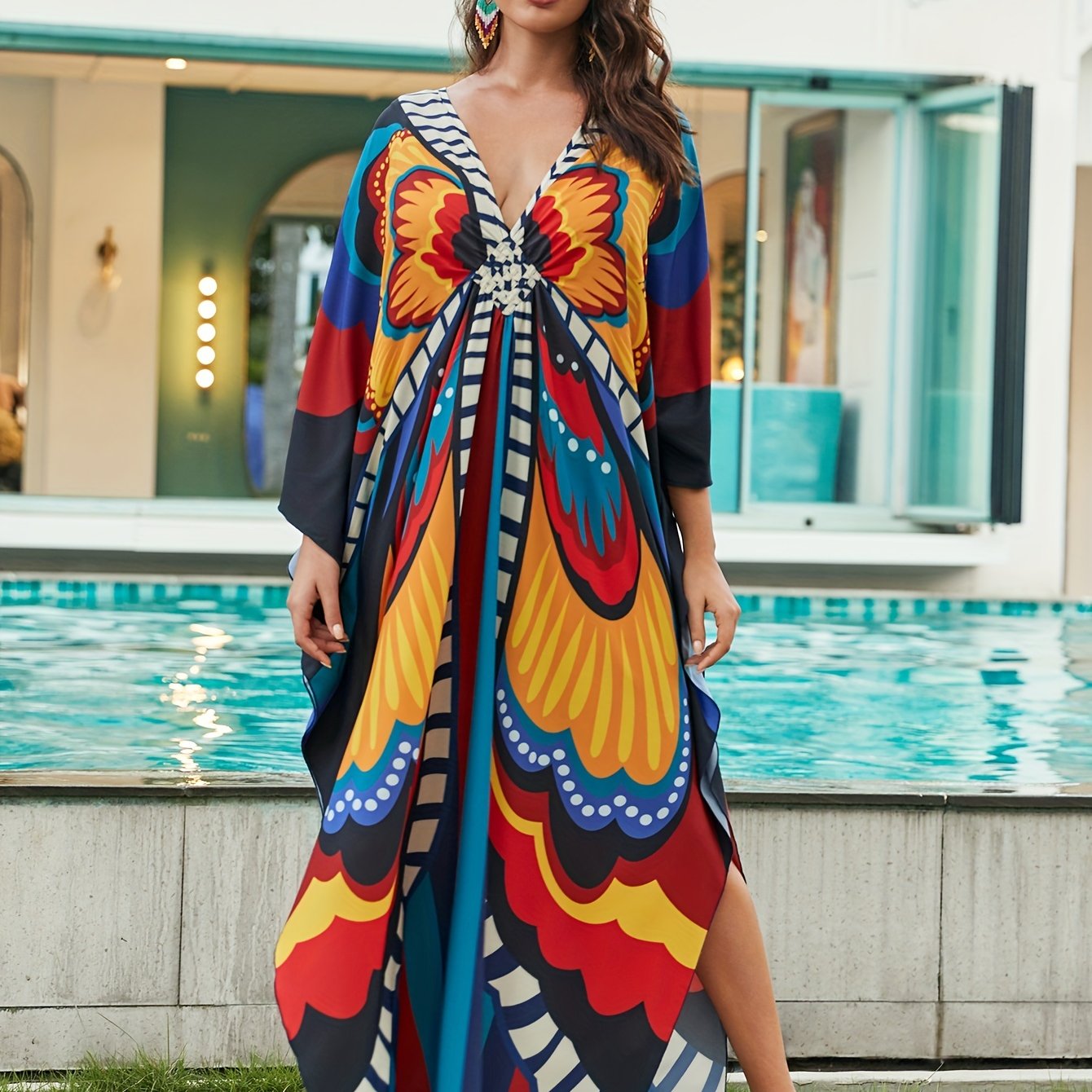  Allover Print Batwing Sleeve Maxi Jalabiya Dress