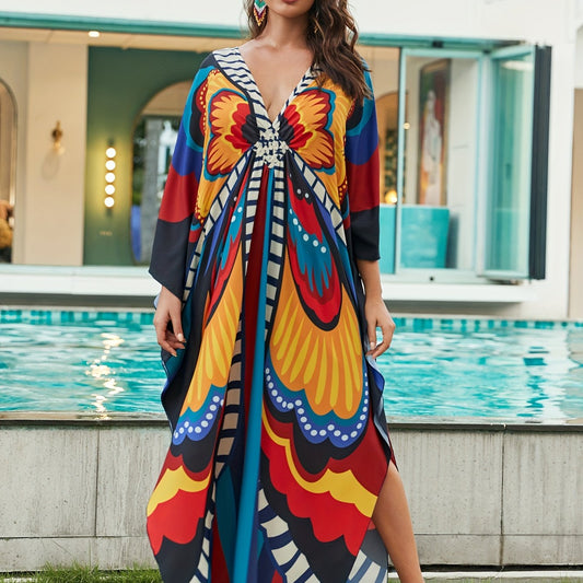  Allover Print Batwing Sleeve Maxi Jalabiya Dress