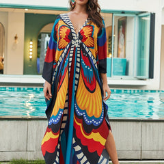 Allover Print Batwing Sleeve Maxi Jalabiya Dress
