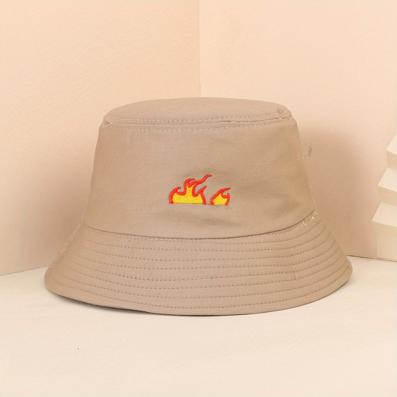 Flame Embroidery Bucket Hat Casual Hip Hop Basin Hat Solid Unisex Fisherman Cap