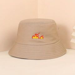Flame Embroidery Bucket Hat Casual Hip Hop Basin Hat Solid Unisex Fisherman Cap