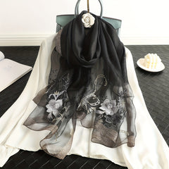 Flower Embroidery Silk Blend Scarf Solid Shawl Breathable Windproof Head Wrap