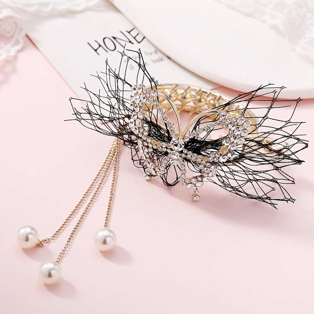 Copper Alloy Round Hair Claw Clip Tassel Faux Pearl Accessory