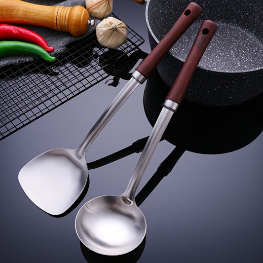 Stainless Steel Wok Spatula Soup Spoon Heat Resistant Wooden Handle