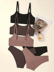 3pcs Solid Bra & Panties Set Full Coverage Seamless Lingerie Women's Underwear