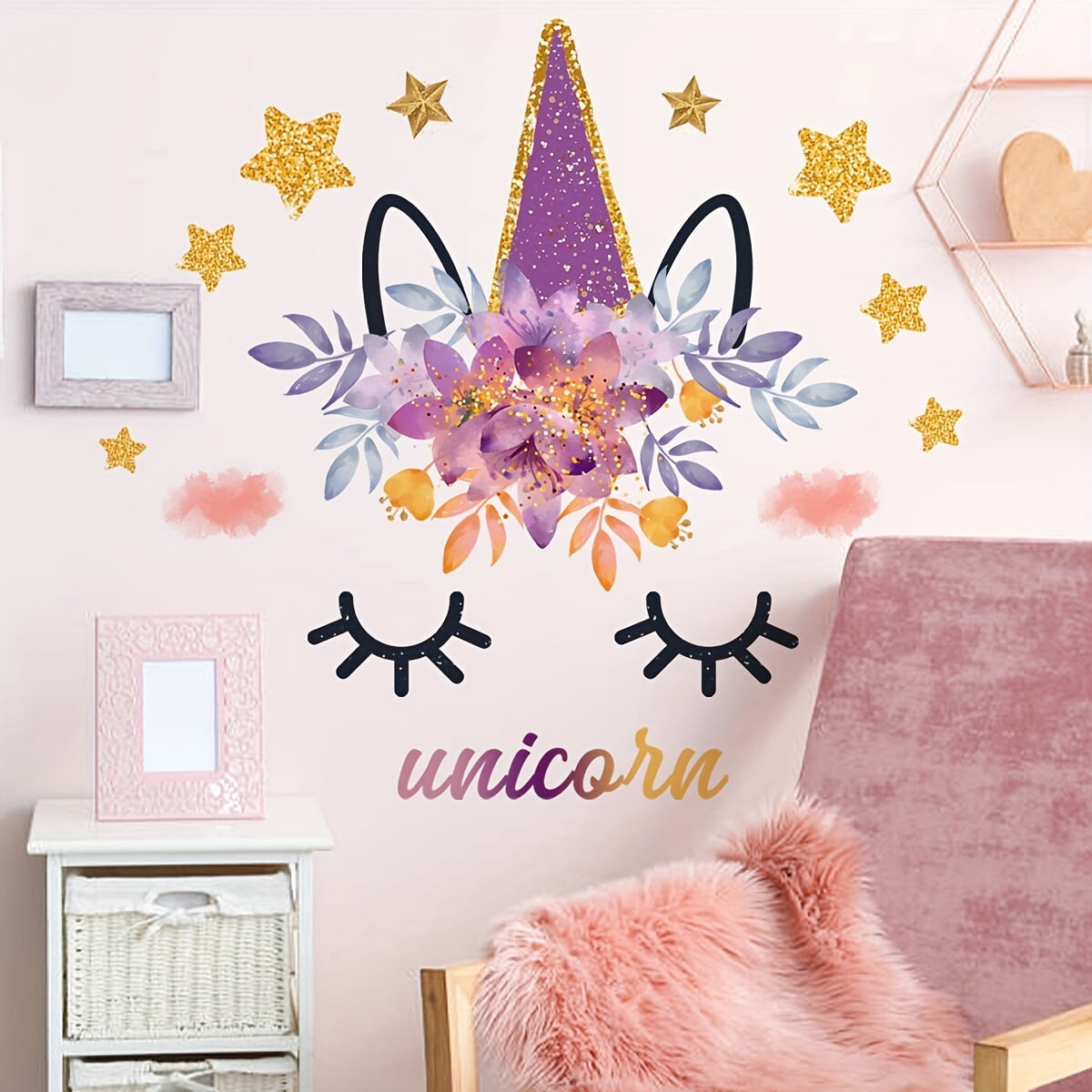 Unicorn Eyelashes Golden Stars Wall Sticker Backdrop Living Room Decor