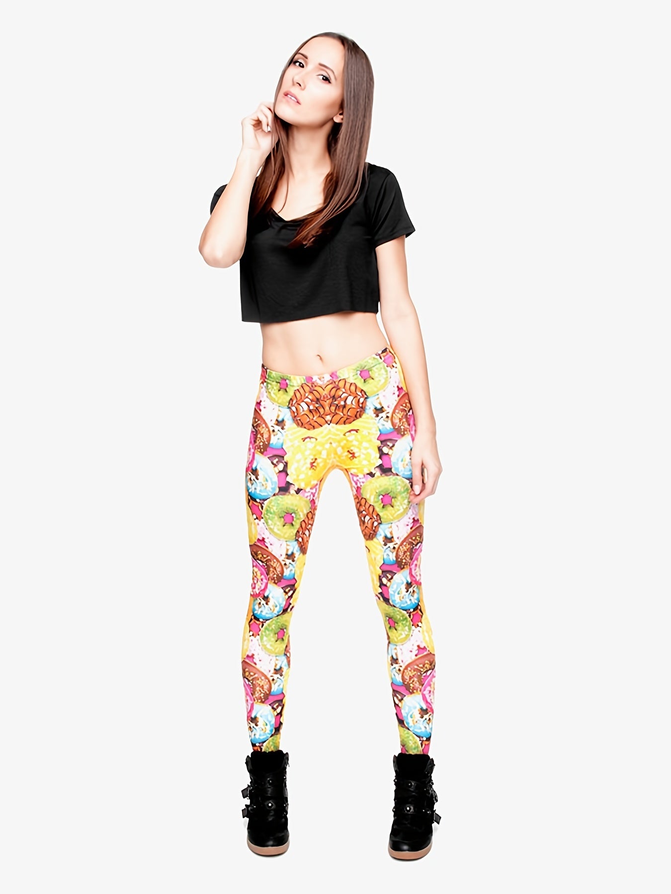 Colorful Donuts Print Skinny Leggings High Waist Stretchy Long Length